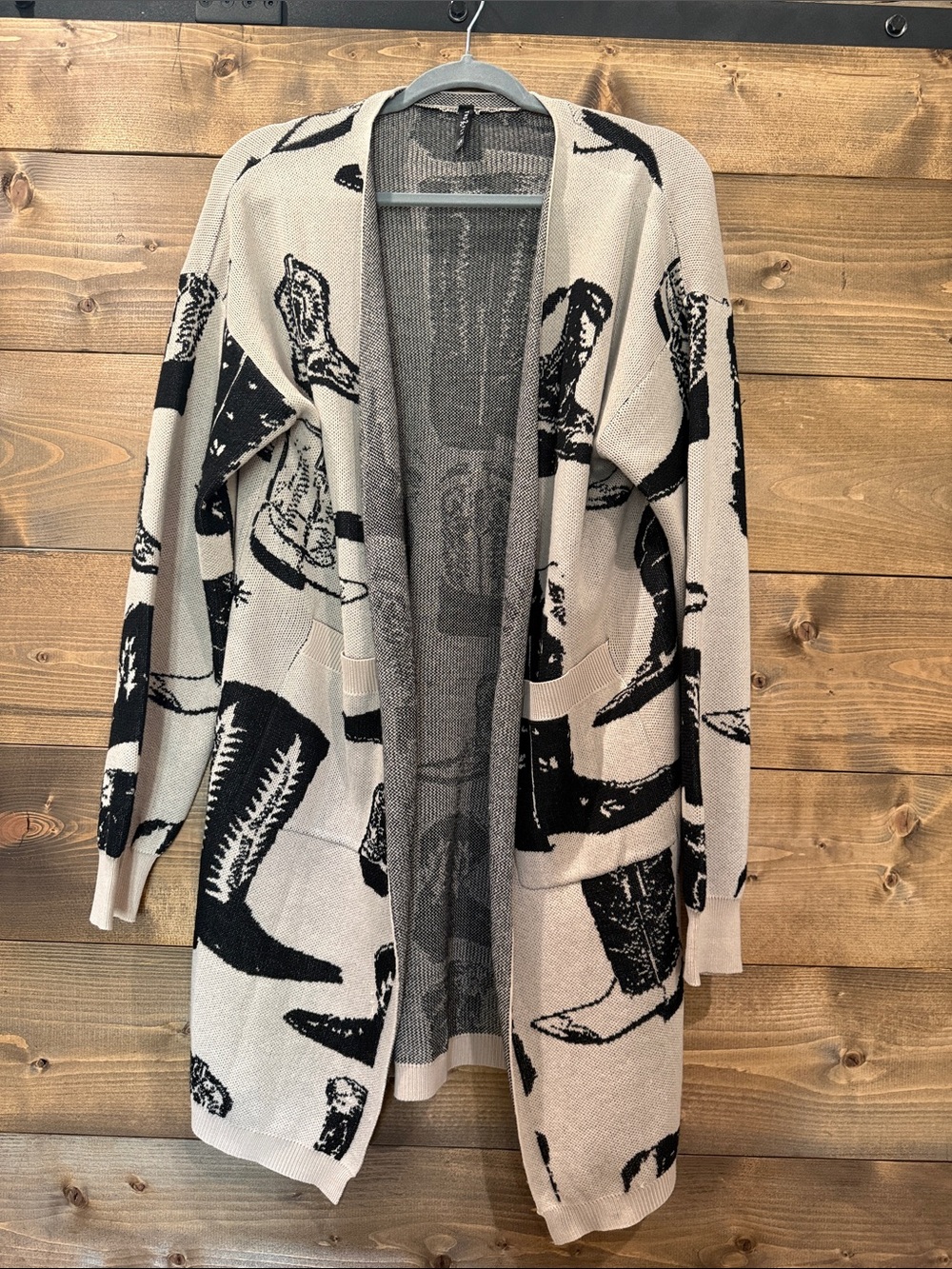 2 Fly Open-Front Cowboy Boot Print Cardigan Sweater - Beige/Black